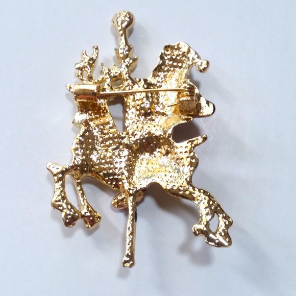 Christmas Brooch Santa Reindeer Rhinestones Pin Stylish Gold Trendy Glam Holiday - Picture 2 of 3